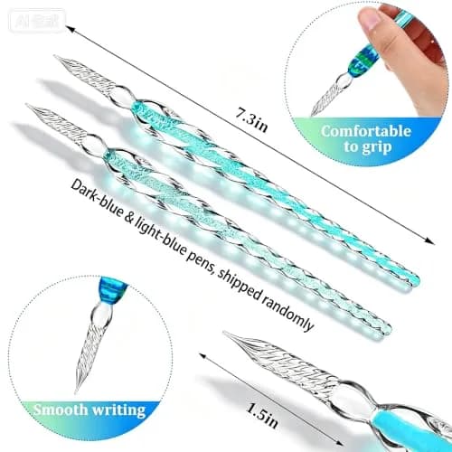 Earlyred Calligraphy Pen Set Handmade Glass Dip Pen Holder Crystal Drip Fountain Pen Writing Signatures Pen Ink Washing Inkwell Pen Decoration Office Student Gift Blue (Not Ink) thumbnail 5