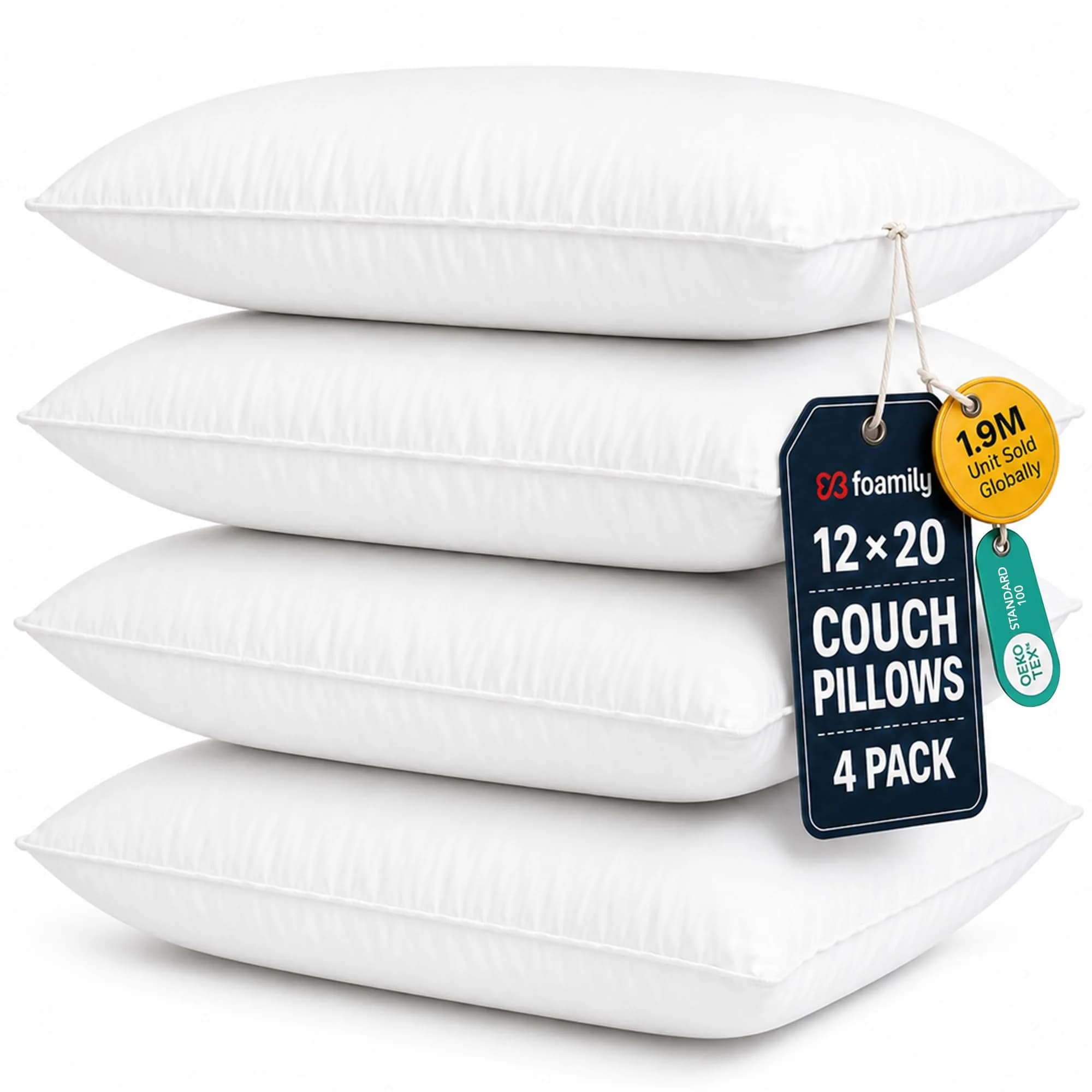 Foamily 12x20 Lumbar Pillow Inserts, White | Plush Support for Couch & Bed (70-120c) — 12x20 Inch