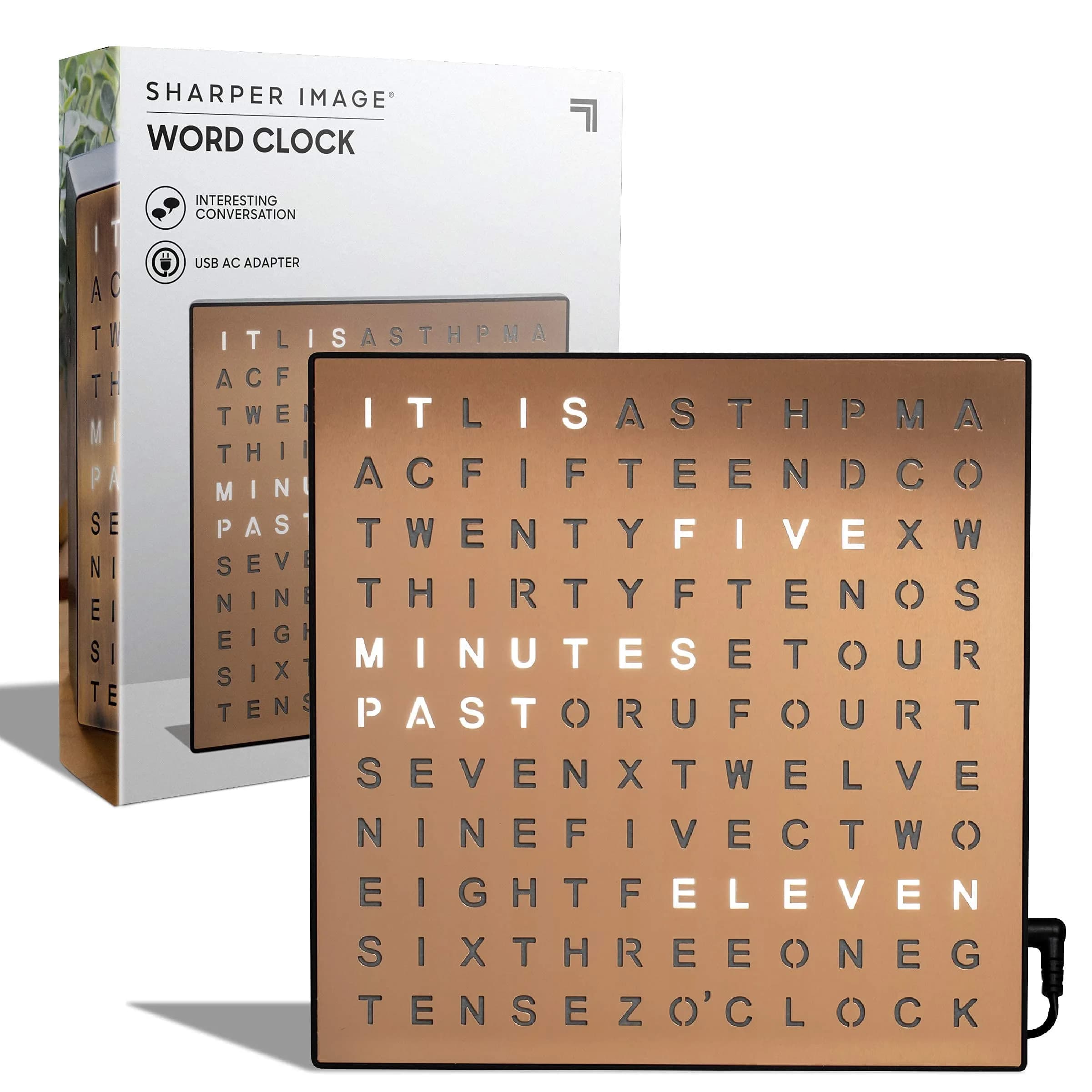 Sharper Image LED Word Digital Clock 7.75" Black Finish | Modern Time Display with Illuminated Words — Copper / Standard