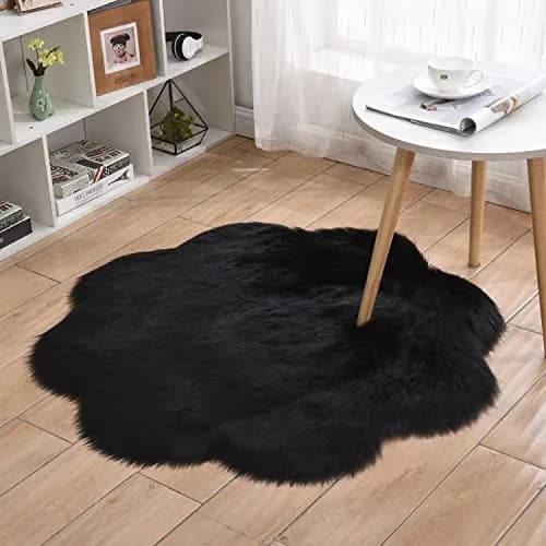 CHITONE Black Sheepskin Wool Faux Fur Area Rug 120 cm (4 ft) Diameter | Soft Shaggy Fluffy Carpet for Bedroom thumbnail 2