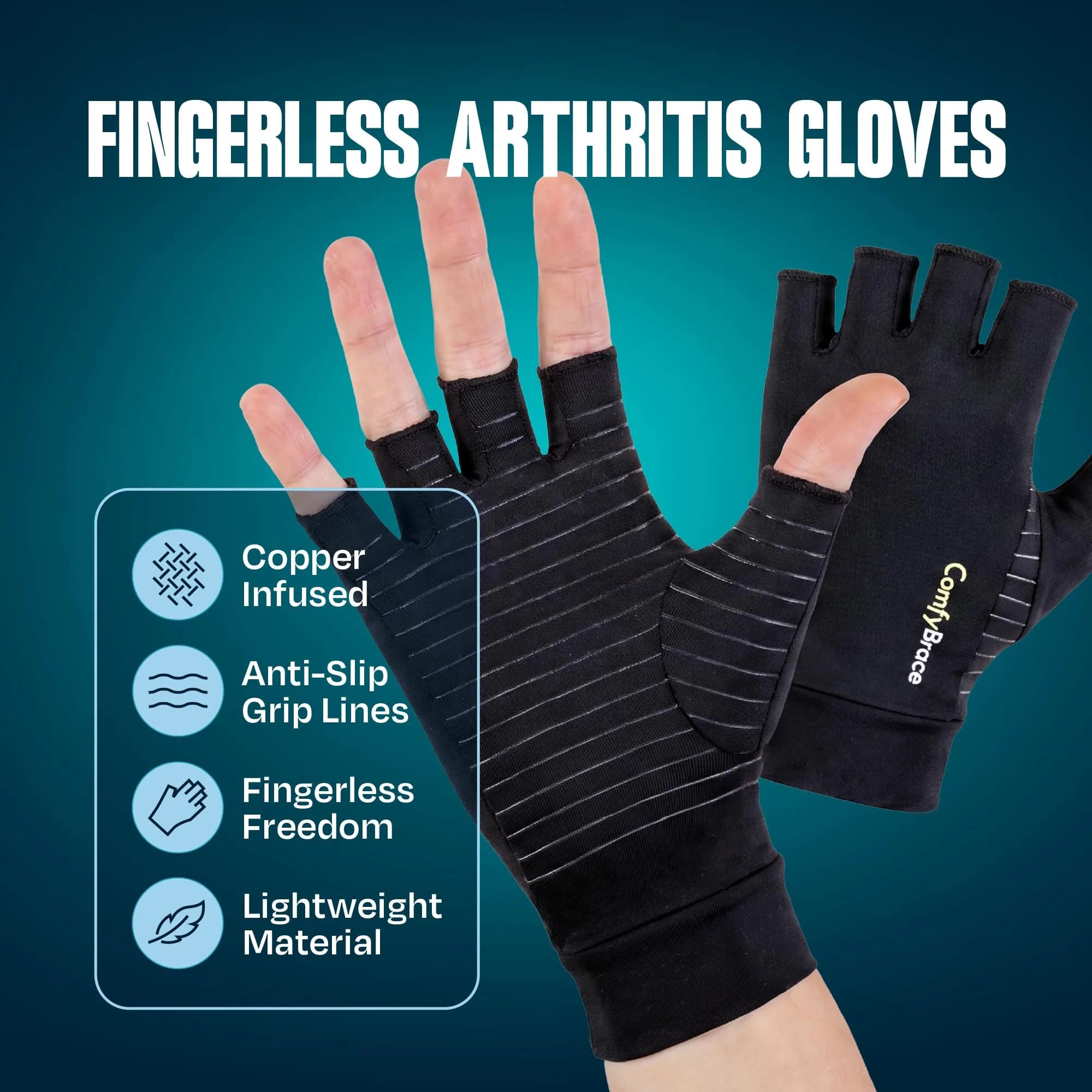 ComfyBrace Copper Infused Compression Arthritis Gloves, Large (1 Pair) | Support for Hand & Finger Pain Relief - view 3