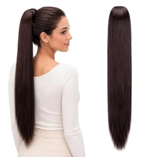 CAISHA 26" Hair Piece Ponytail Drawstring Toggle Chocolate Brown | Heat-Resistant Synthetic Hair Extension thumbnail 1