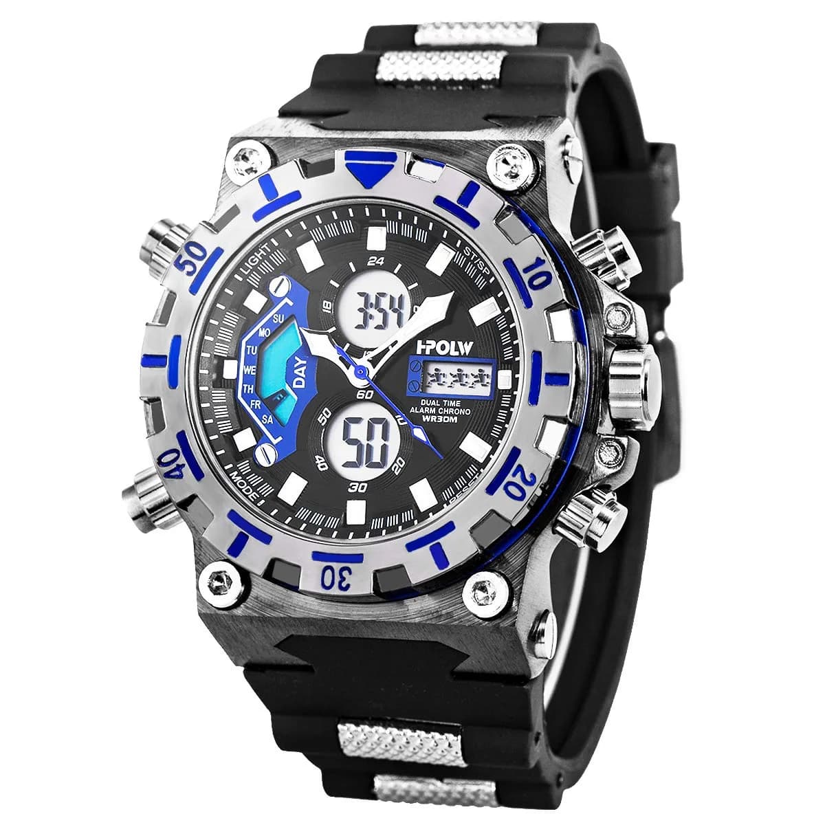 SIBOSUN Sport Digital Watch for Men — 47.5mm Case, Black Silicone Band | Dual Zone, Stopwatch, Alarm - main product image