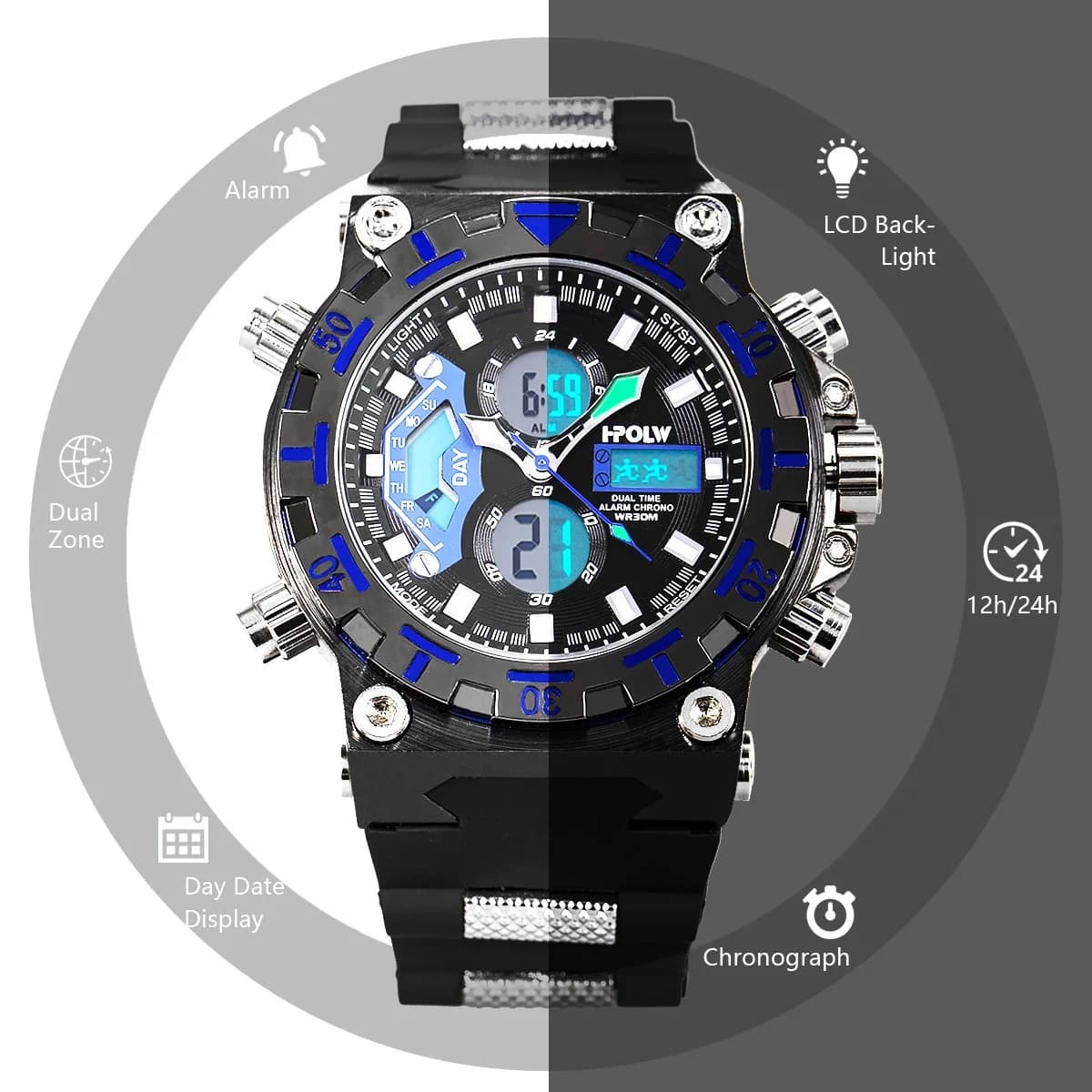 SIBOSUN Sport Digital Watch for Men — 47.5mm Case, Black Silicone Band | Dual Zone, Stopwatch, Alarm - view 5