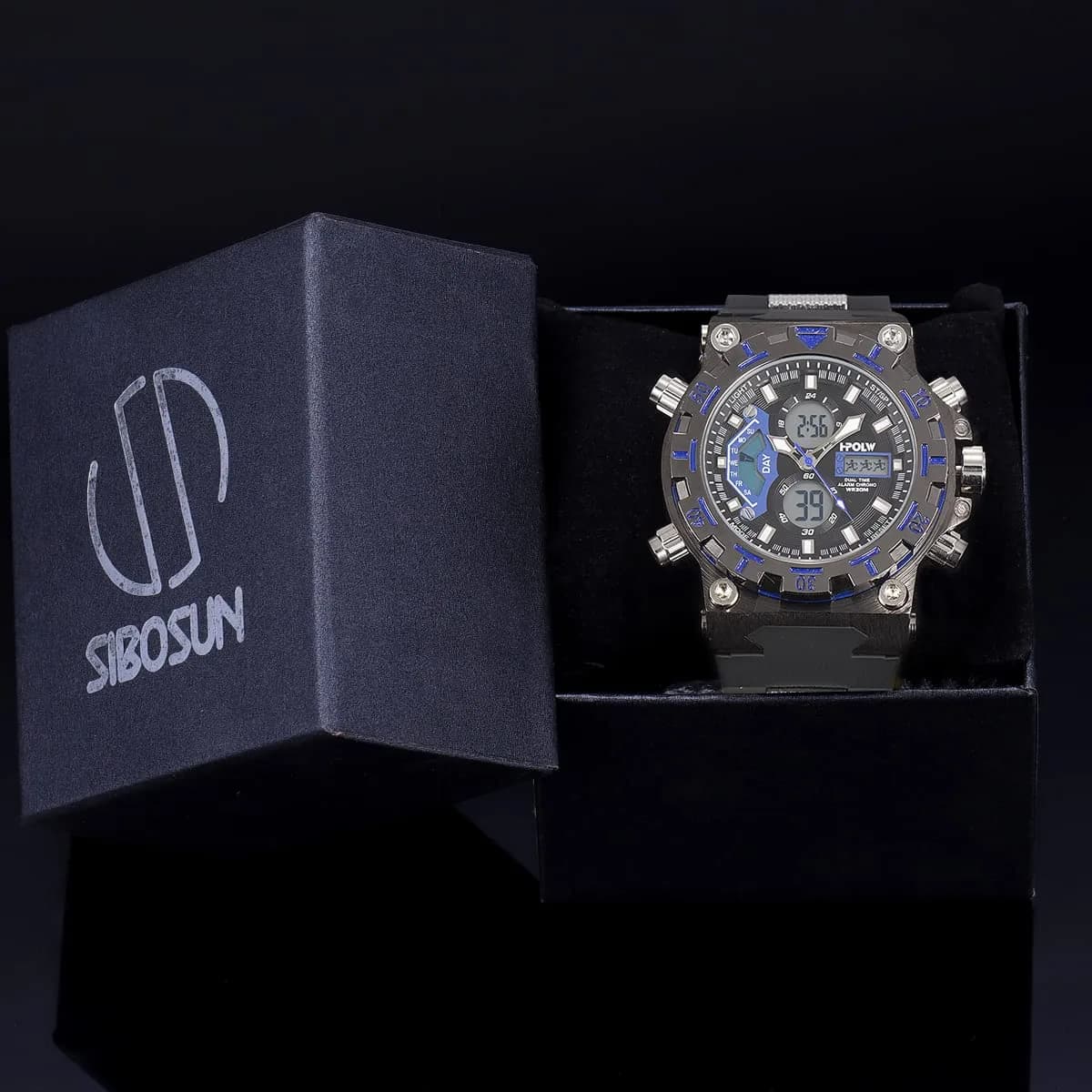 SIBOSUN Sport Digital Watch for Men — 47.5mm Case, Black Silicone Band | Dual Zone, Stopwatch, Alarm - view 7