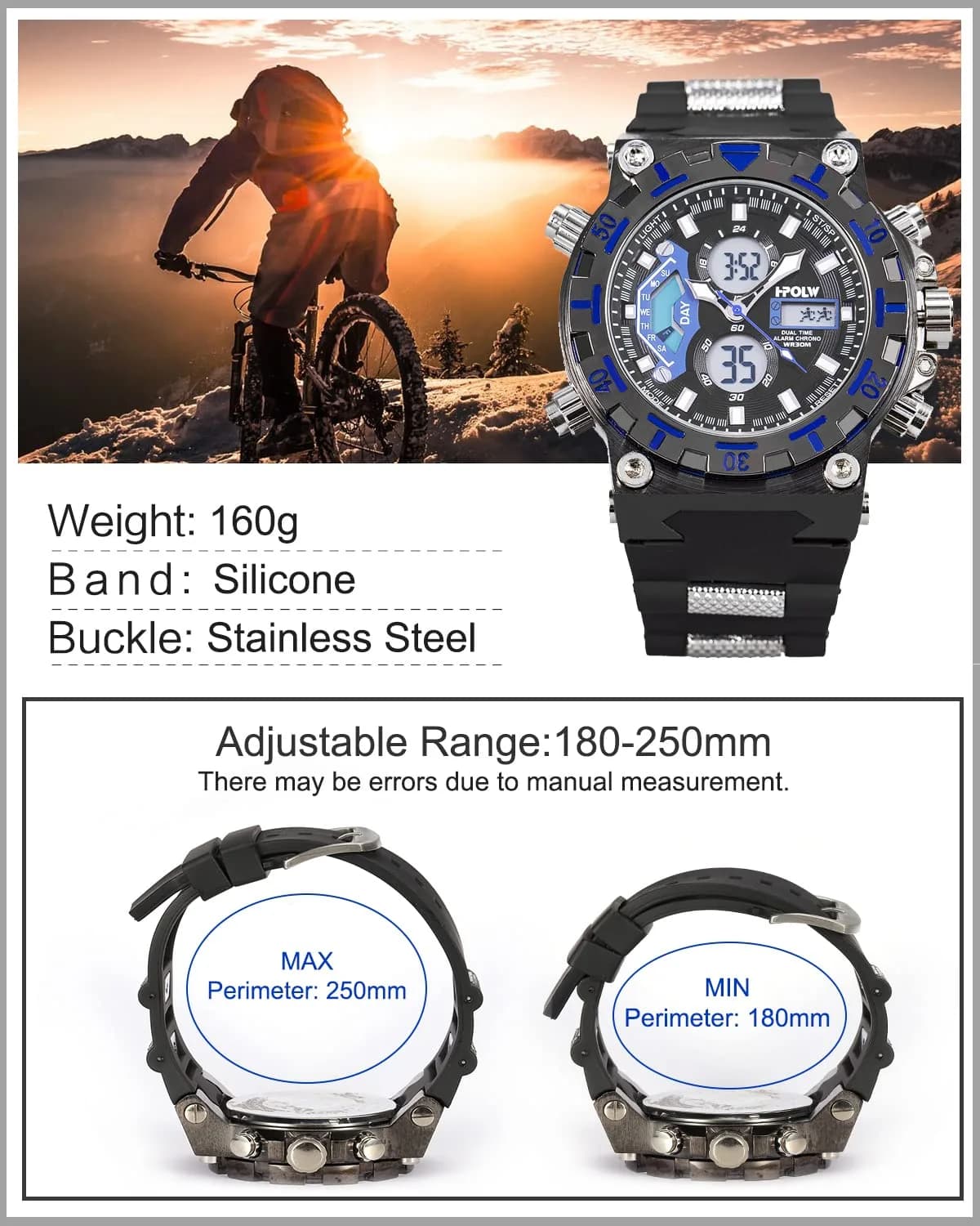 SIBOSUN Sport Digital Watch for Men — 47.5mm Case, Black Silicone Band | Dual Zone, Stopwatch, Alarm - view 3