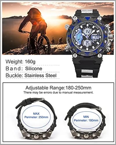 SIBOSUN Sport Digital Watch for Men — 47.5mm Case, Black Silicone Band | Dual Zone, Stopwatch, Alarm thumbnail 3