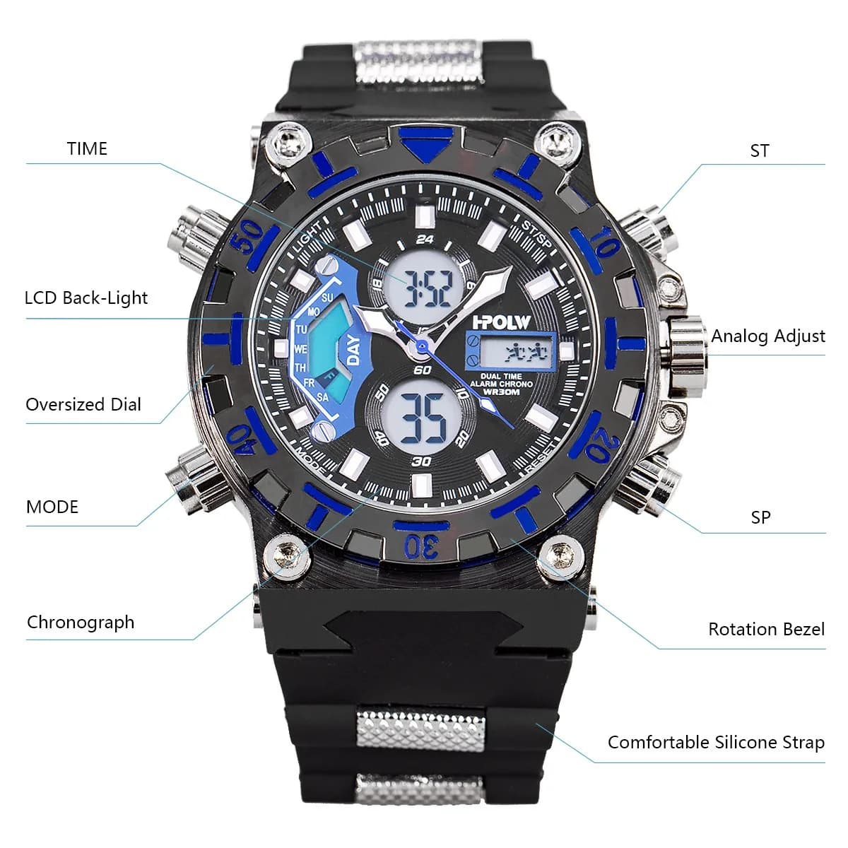 SIBOSUN Sport Digital Watch for Men — 47.5mm Case, Black Silicone Band | Dual Zone, Stopwatch, Alarm - view 4