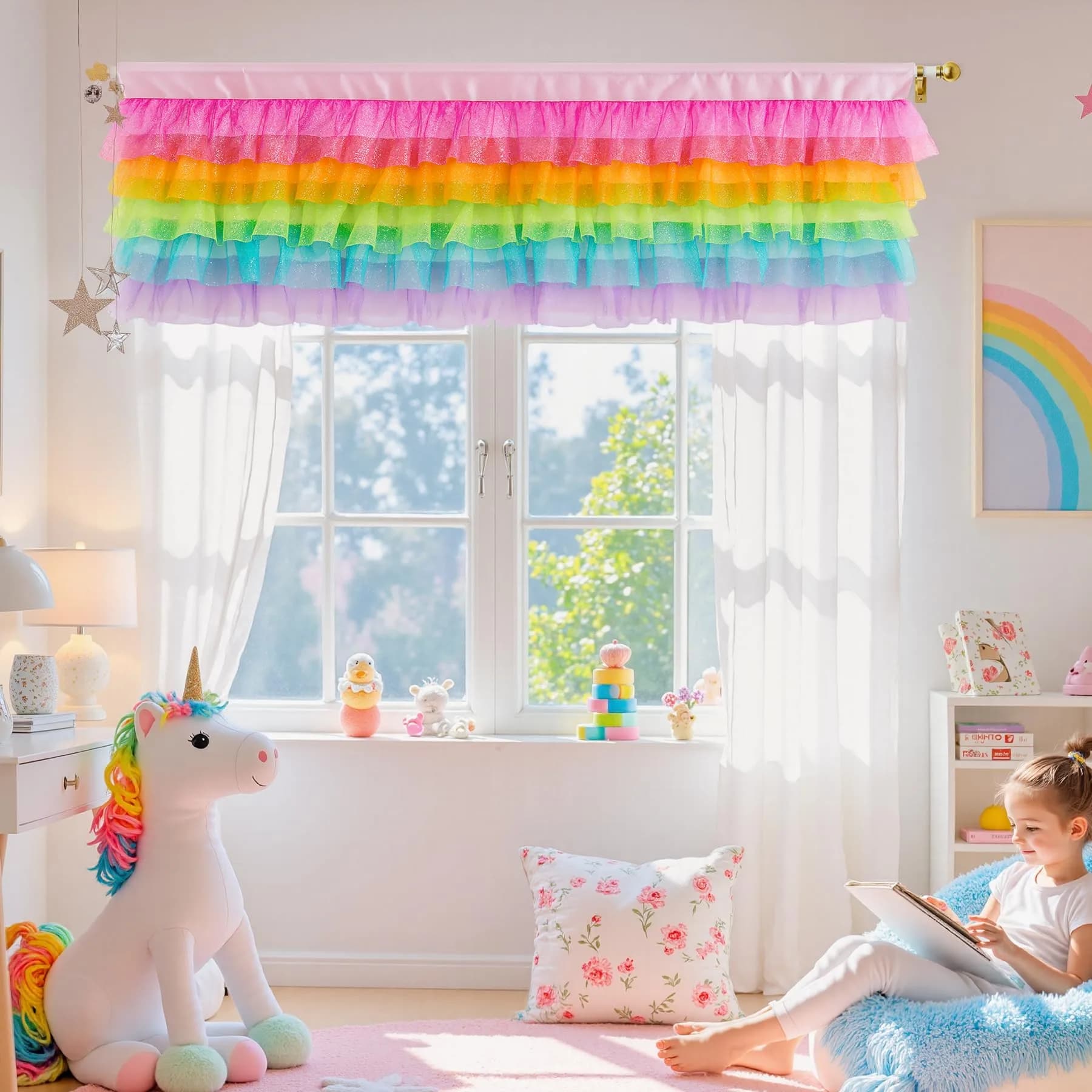 Besutolife Rainbow Valance Curtains for Kids Bedroom 52"W x 16"L | Unicorn & Rainbow Window Decor - main product image