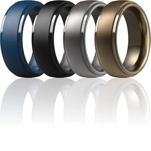 ThunderFit Silicone Wedding Rings for Men, 10mm Wide Step Edge Rubber Bands, Pack of 7 | Safe for Active Lifestyles thumbnail 1
