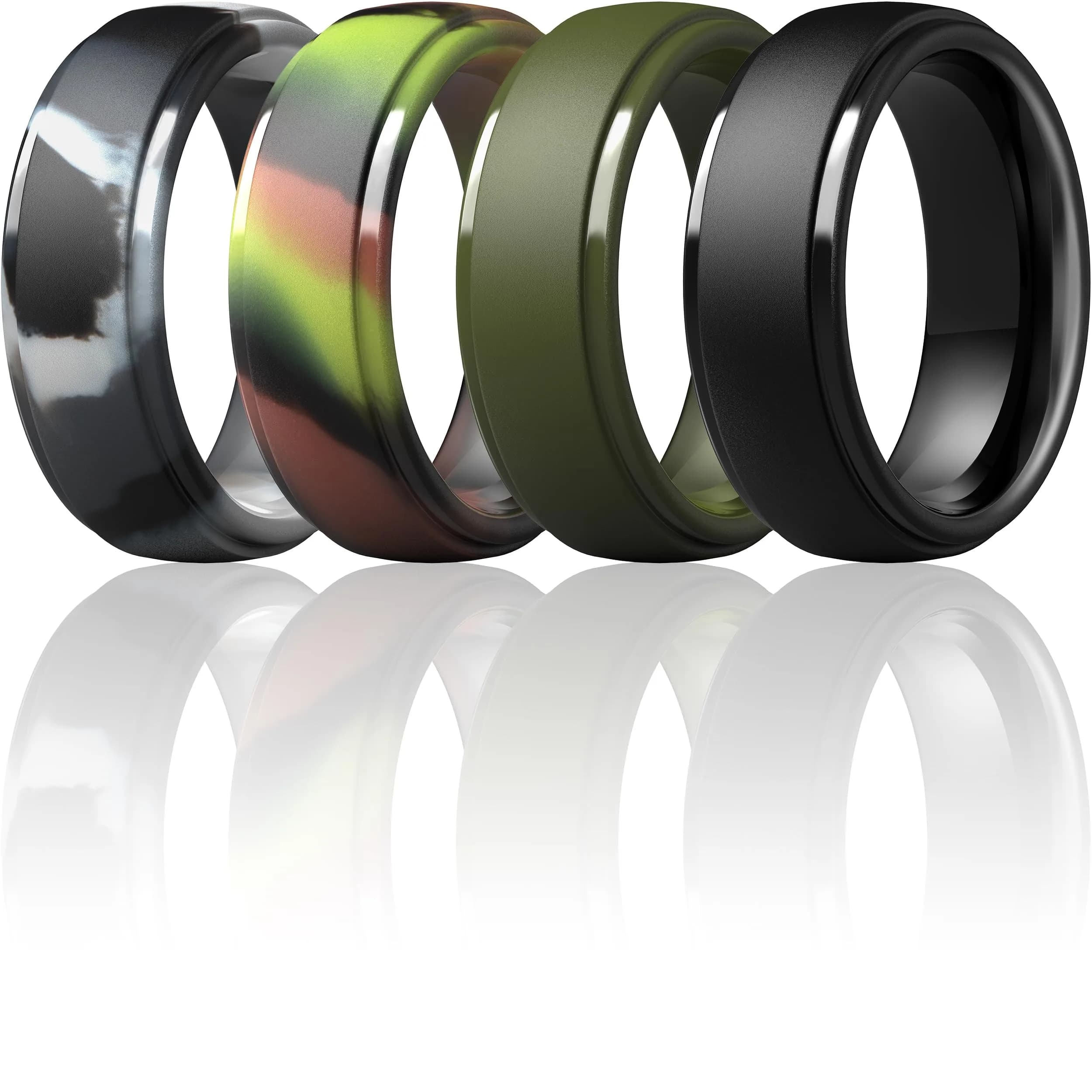 ThunderFit Silicone Wedding Rings for Men, 10mm Wide Step Edge Rubber Bands, Pack of 7 | Safe for Active Lifestyles — Pack K: Charcoal Black, Black Camo, Olive Green, Olive Green Camo