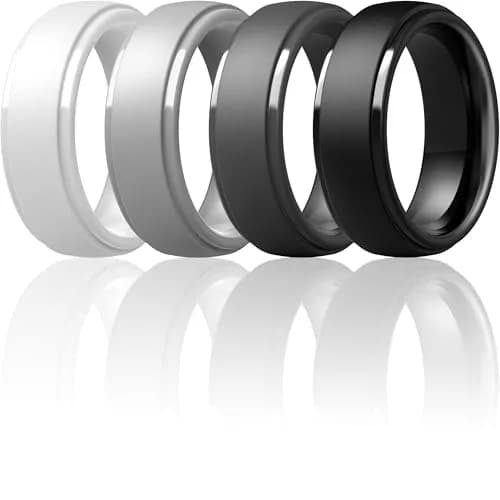 ThunderFit Step Edge Silicone Wedding Rings for Men, 10mm Wide, Pack of 7 (Pure White, Stone Grey, Charcoal Black, Graphite Grey) | Safe for Gym & Active Lifestyles thumbnail 1