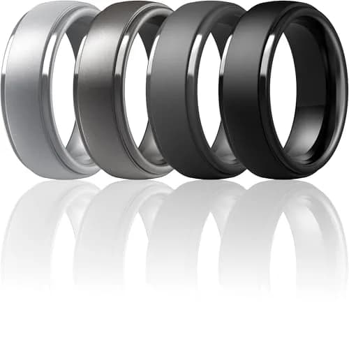 ThunderFit Silicone Wedding Rings for Men, 10mm Wide Step Edge Rubber Bands, Pack of 7 | Safe for Active Lifestyles thumbnail 1