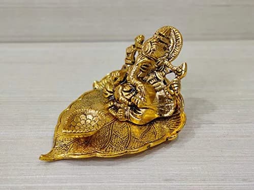 GiftNagri Golden Oxidized Antique Metal Patta Ganesha with Deepak & Batti Stand | 10cm (4in) x 13cm (5in) x 6cm (2.5in) thumbnail 3