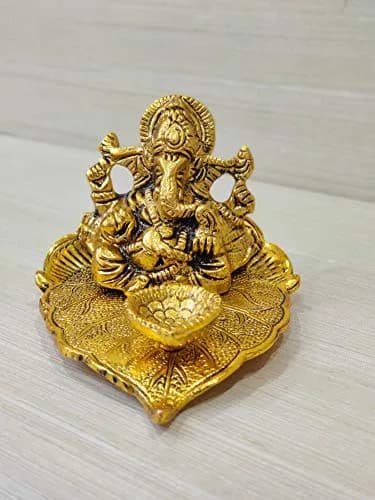 GiftNagri Golden Oxidized Antique Metal Patta Ganesha with Deepak & Batti Stand | 10cm (4in) x 13cm (5in) x 6cm (2.5in) thumbnail 4