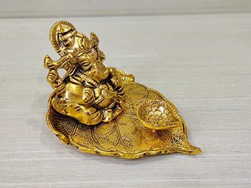 GiftNagri Golden Oxidized Antique Metal Patta Ganesha with Deepak & Batti Stand | 10cm (4in) x 13cm (5in) x 6cm (2.5in) thumbnail 5