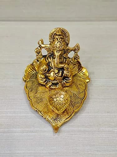 GiftNagri Golden Oxidized Antique Metal Patta Ganesha with Deepak & Batti Stand | 10cm (4in) x 13cm (5in) x 6cm (2.5in) thumbnail 1