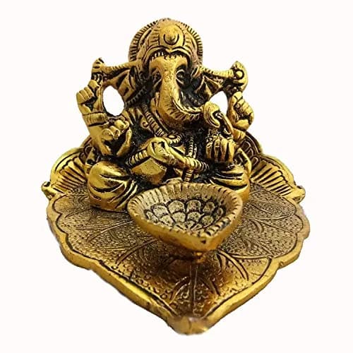 GiftNagri Golden Oxidized Antique Metal Patta Ganesha with Deepak & Batti Stand | 10cm (4in) x 13cm (5in) x 6cm (2.5in) thumbnail 2