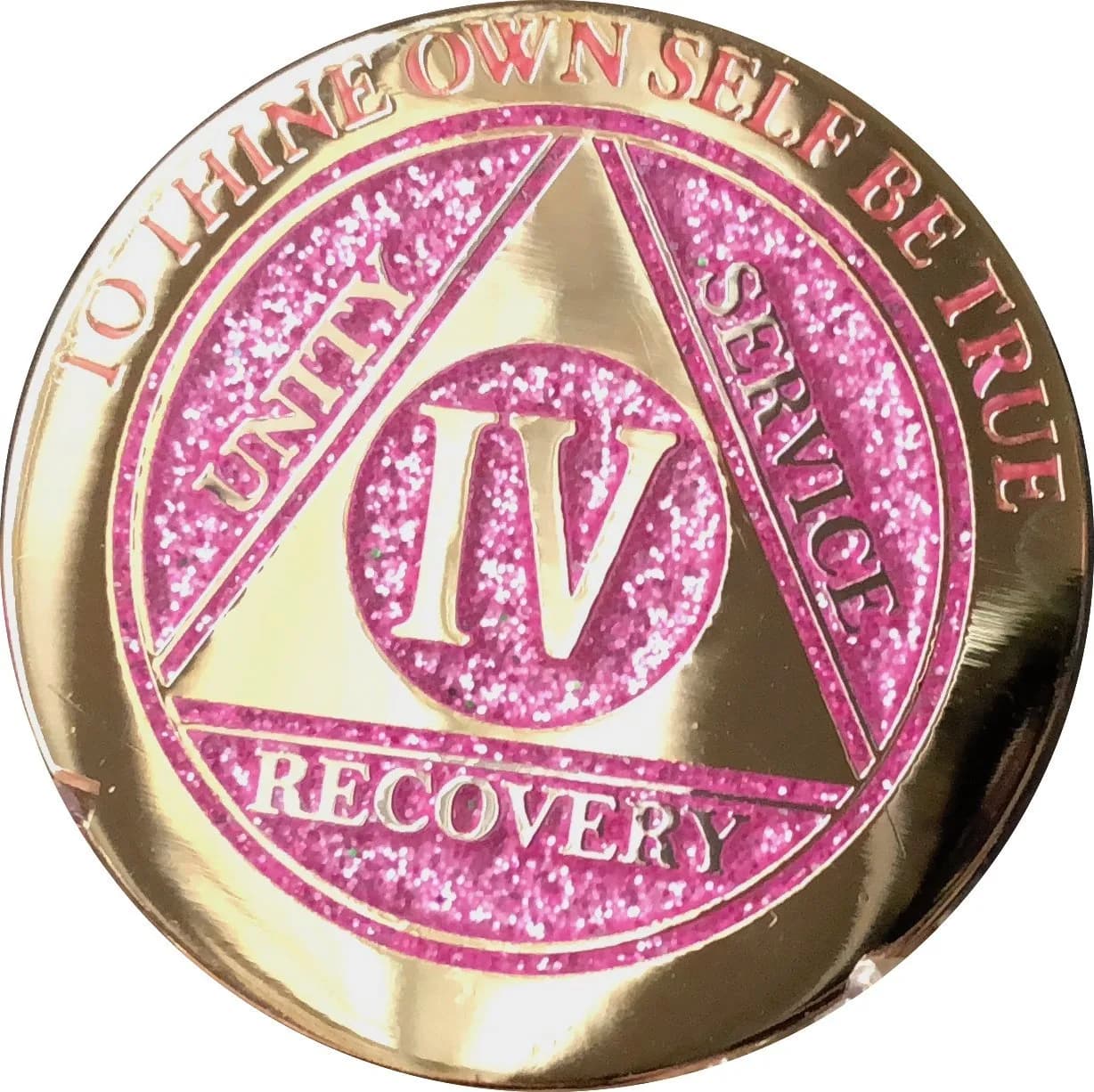 RecoveryChip 4 Year Elegant Glitter Pink Gold Silver Bi-Plated AA Medallion Chip | Sobriety Coin with Serenity Prayer (70-120 chars) — Pink
