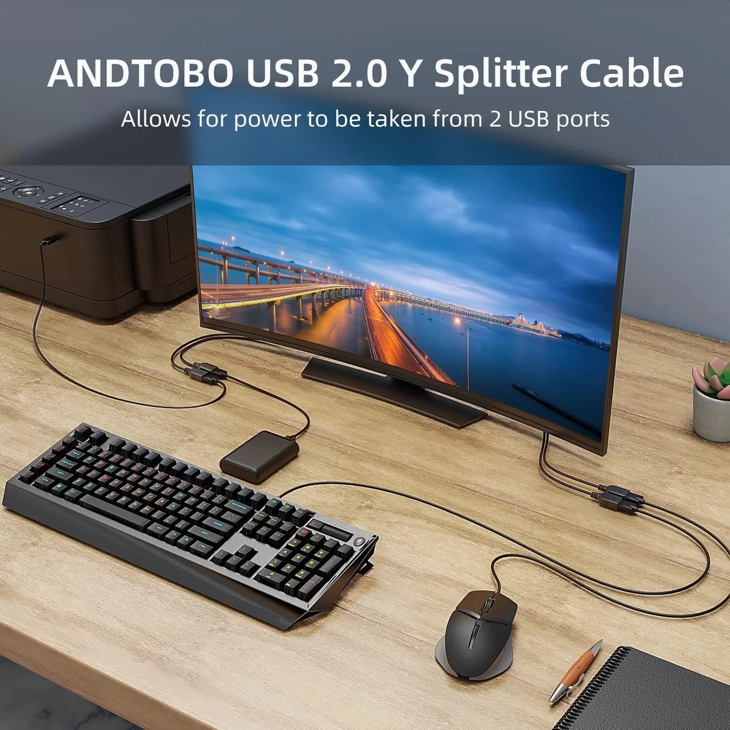 ANDTOBO USB 2.0 Y Splitter Cable 30cm (1 ft) Black | Power & Data Sync for 2 Devices - view 6