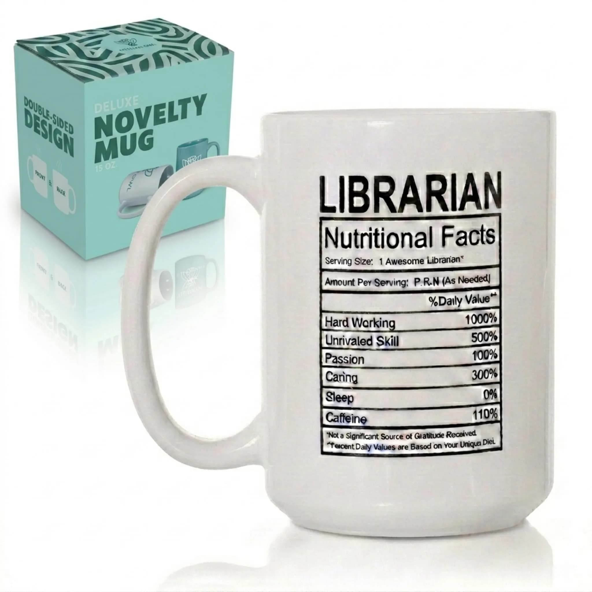 Artisan Owl Librarian Nutritional Facts Mug – 15 oz White Ceramic Coffee Cup for Book Lovers, Teachers, Proud Librarians — White
