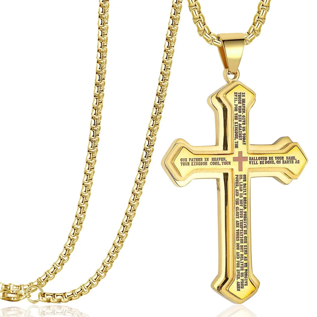 Rehoboth Men's Stainless Steel Nail Lord's Prayer Cross Pendant Necklace 24 Inch | Large Cross & Strong Chain