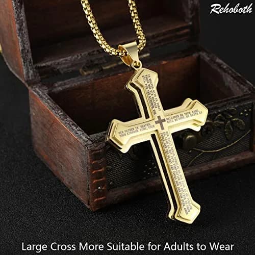 Rehoboth Men's Stainless Steel Nail Lord's Prayer Cross Pendant Necklace 24 Inch | Large Cross & Strong Chain thumbnail 2