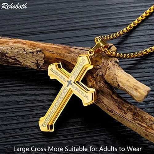 Rehoboth Men's Stainless Steel Nail Lord's Prayer Cross Pendant Necklace 24 Inch | Large Cross & Strong Chain thumbnail 3