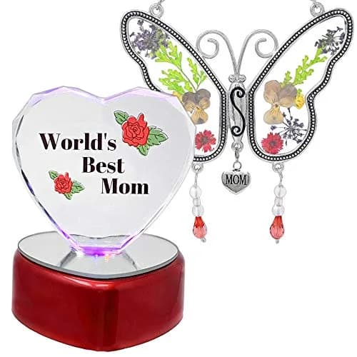 BANBERRY DESIGNS Mother Gift Set – Mom Butterfly Suncatcher with Pressed Flowers + LED Heart, 4" x 3" | Window Hanging & Table Decor thumbnail 1