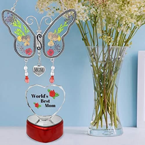 BANBERRY DESIGNS Mother Gift Set – Mom Butterfly Suncatcher with Pressed Flowers + LED Heart, 4" x 3" | Window Hanging & Table Decor thumbnail 4