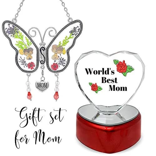 BANBERRY DESIGNS Mother Gift Set – Mom Butterfly Suncatcher with Pressed Flowers + LED Heart, 4" x 3" | Window Hanging & Table Decor thumbnail 6