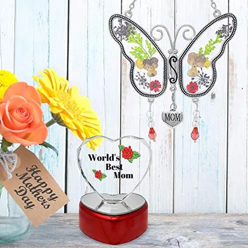 BANBERRY DESIGNS Mother Gift Set – Mom Butterfly Suncatcher with Pressed Flowers + LED Heart, 4" x 3" | Window Hanging & Table Decor thumbnail 7