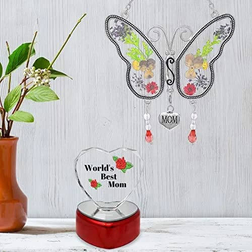 BANBERRY DESIGNS Mother Gift Set – Mom Butterfly Suncatcher with Pressed Flowers + LED Heart, 4" x 3" | Window Hanging & Table Decor thumbnail 8