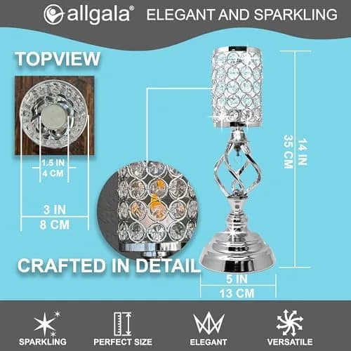 allgala 14" Crystal Cylinder Tealight Candle Holder-Silver | Elegant Decor for Special Occasions thumbnail 2