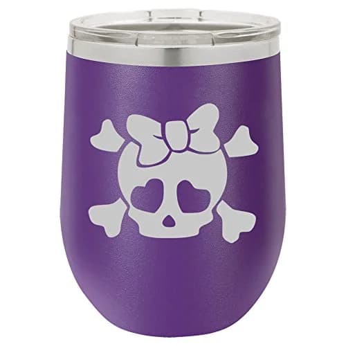 MIP 12 oz Stainless Steel Stemless Wine Tumbler Vacuum Insulated | Travel Mug with Lid & Heart Skull Bow (Purple)