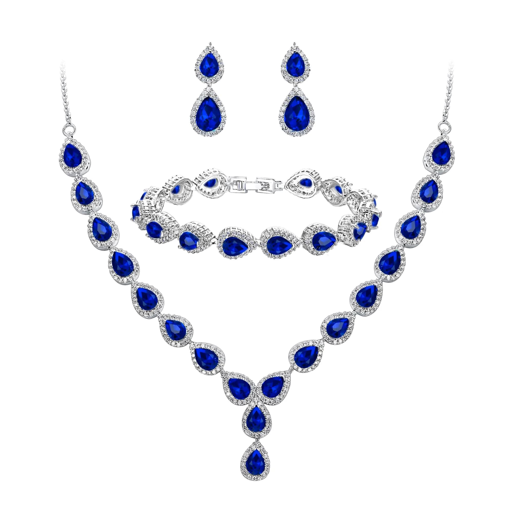 BriLove Wedding CZ Necklace Bracelet Earrings Jewelry for Women Sapphire | Elegant Bridal Jewelry Set