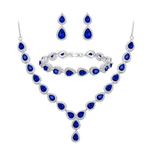 BriLove Wedding CZ Necklace Bracelet Earrings Jewelry for Women Sapphire | Elegant Bridal Jewelry Set thumbnail 1