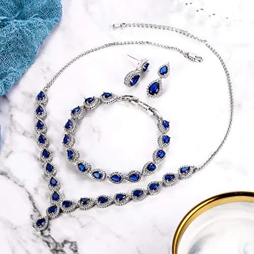 BriLove Wedding CZ Necklace Bracelet Earrings Jewelry for Women Sapphire | Elegant Bridal Jewelry Set thumbnail 5