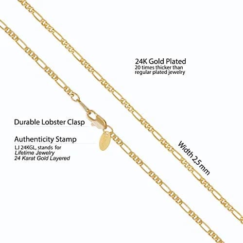 LIFETIME JEWELRY 2.5mm Figaro Chain Necklace 22 Inch | 20X Real Gold Plated Bronze thumbnail 4