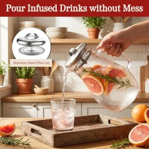 Classic Cuisine Glass Pitcher 1.89 L (64 oz) with Stainless Steel Filter Lid | Heat Resistant Borosilicate Glass Carafe thumbnail 5