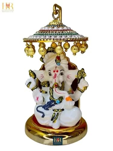 TEJ GIFTS Diamond Studded Umbrella Chhatra with Golden Hangings for God Idol, Car Dashboard/Office Desk/Table/Home Decor Showpiece, Chatri Aasan for Murti, Ideal Gift Item - No.3 | 12 cm (4.72 in) Height thumbnail 6