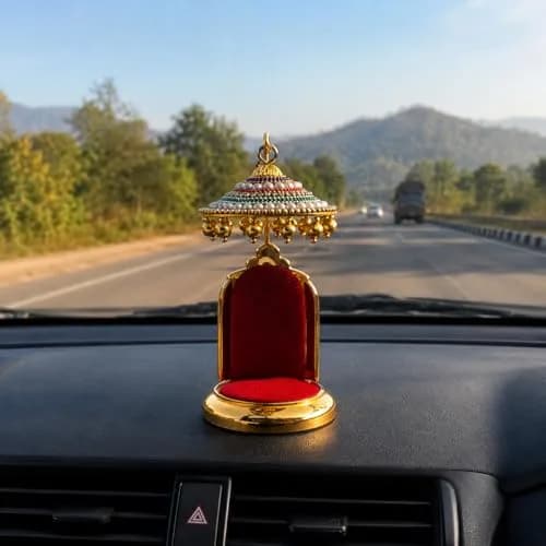 TEJ GIFTS Diamond Studded Umbrella Chhatra with Golden Hangings for God Idol, Car Dashboard/Office Desk/Table/Home Decor Showpiece, Chatri Aasan for Murti, Ideal Gift Item - No.3 | 12 cm (4.72 in) Height thumbnail 2