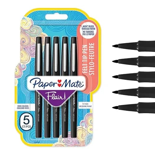 Paper Mate Flair Felt Tip Pens | Medium Point (0.7 mm) Writing Pens | Black Pens | For Writing, Drawing & Sketching | 5 Count thumbnail 1