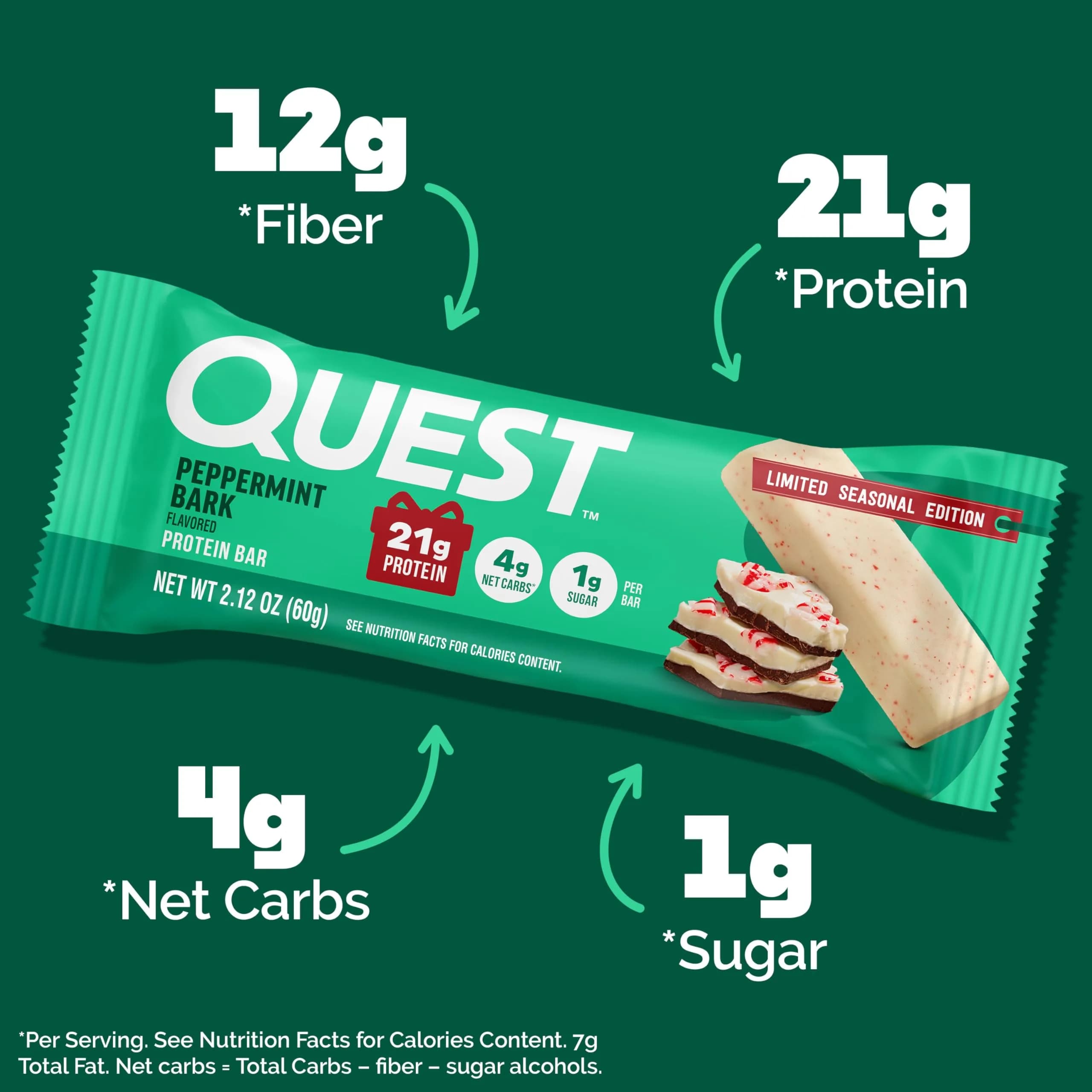 Quest Peppermint Bark Protein Bar 21g Protein, 4g Net Carb, 1g Sugar, Gluten Free (12 Count) - view 2