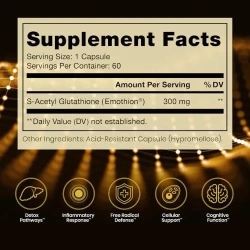 Pure Therapro Rx S-Acetyl Glutathione Gold, Extra-Strength | Patented Acetylated Form of Glutathione (EMOTHION) from Italy | Pharmaceutical Grade | Zero Fillers (60 Capsules (300mg)) thumbnail 2