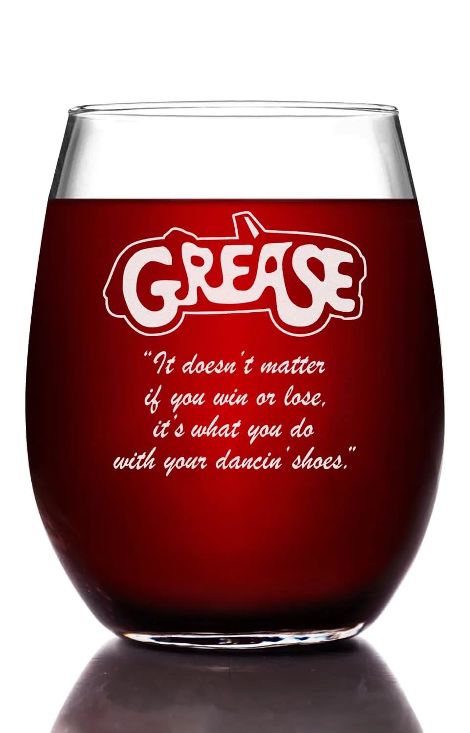 Movies On Glass Grease Stemless Wine Glass 15oz | Licensed Handcrafted Collectible — Stemless Wine Glass w/ Quote