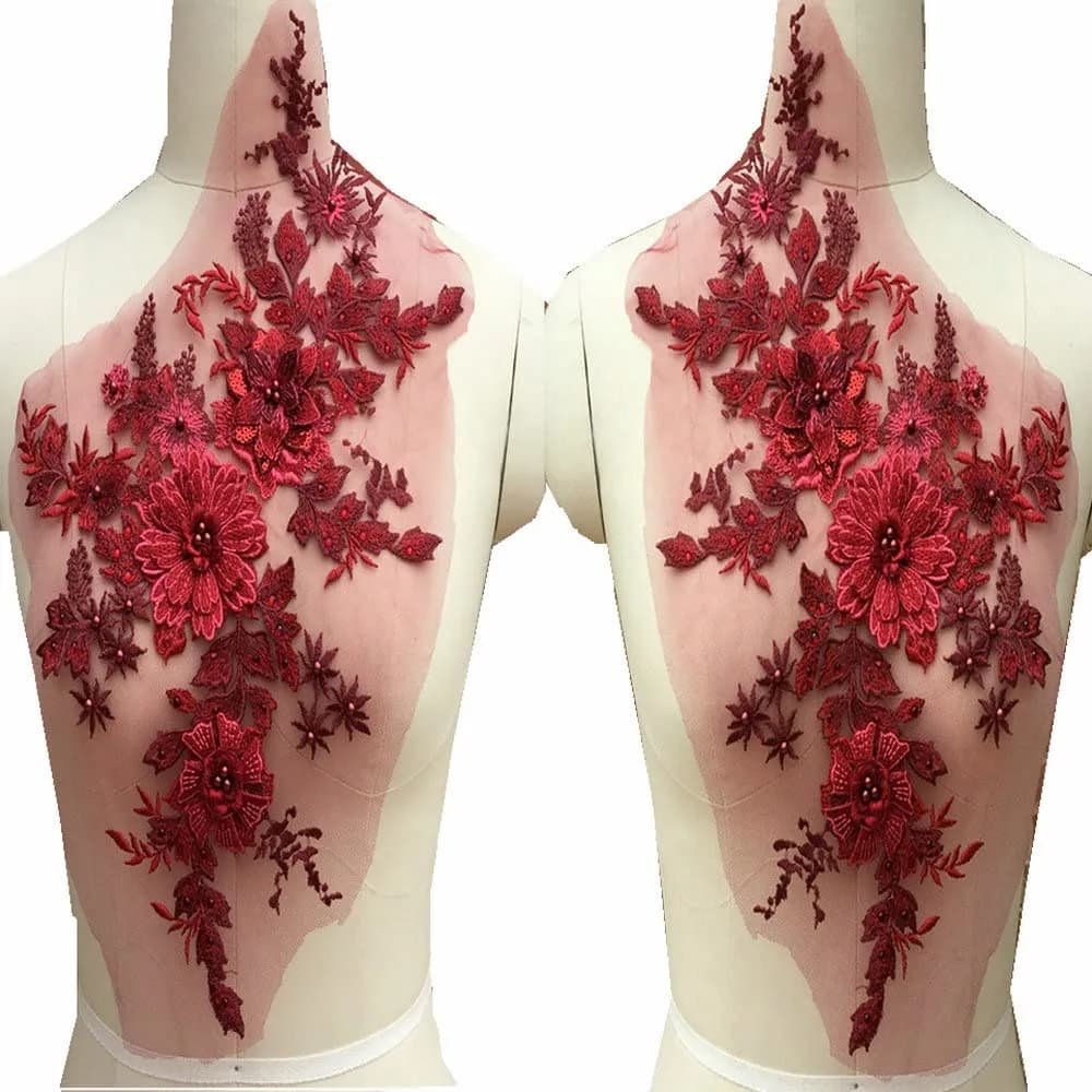 FEEPOP 1 Pair 3D Flowers Beaded Lace Applique 35x31cm | Perfect for Dresses & Decor — Color B