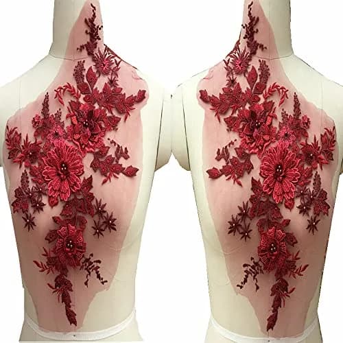 FEEPOP 1 Pair 3D Flowers Beaded Lace Applique 35x31cm | Perfect for Dresses & Decor thumbnail 1