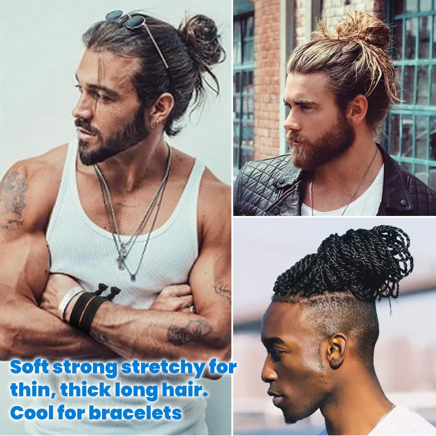 79STYLE 100pcs Men Hair Tie For Man Bun.Man Bands Hair Ties For Mens Long Hair Elastic Fabric Hair Ties Knotted Black Ribbons Knot Men's Ponytail Holders Guys (Black-100pcs) thumbnail 3