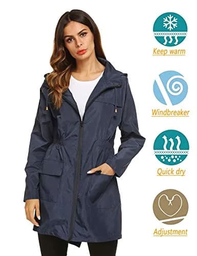 LOMON Women Waterproof Raincoat Hooded Lightweight Windbreaker Anorak Jacket Navy Blue S | Breathable, Windproof & Light thumbnail 3